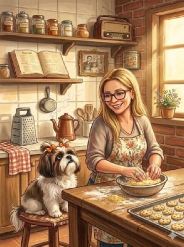 Ilustração da Sandra preparando biscoitos na cozinha